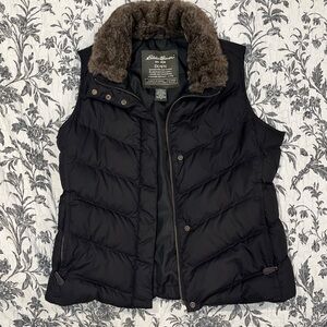 Eddie Bauer Women's Black Puffer Vest with Faux Fur Collar